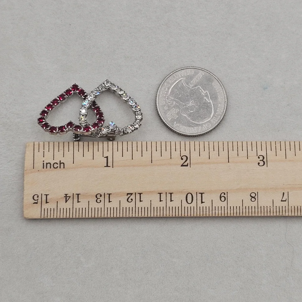 Rhinestone Double Heart Brooch Red Clear Silver Tone Pin Interlocking